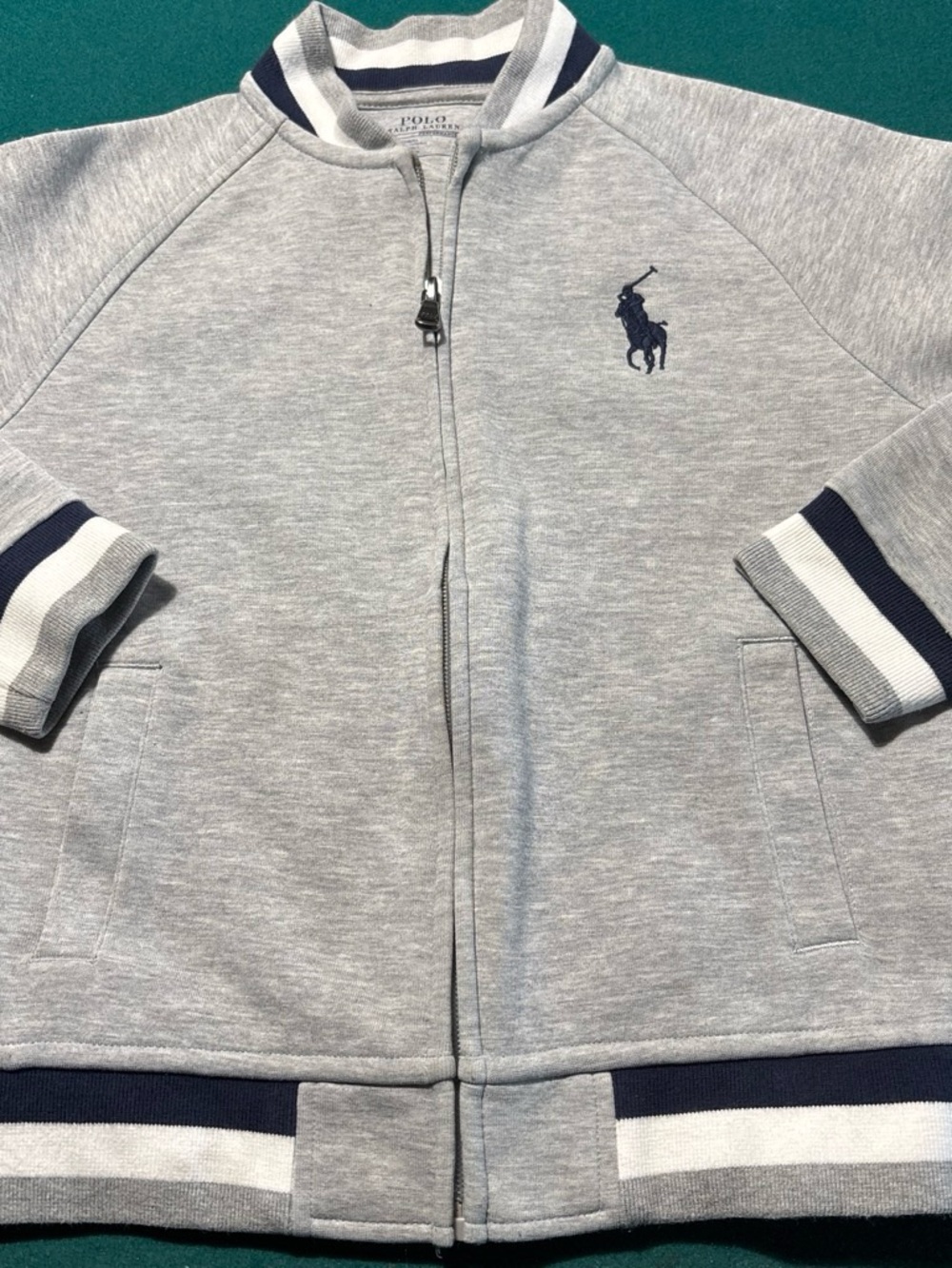 Polo by Ralph Lauren Light Gray Zip-Front Kids Jacket with Navy Accents , 7 ,$24